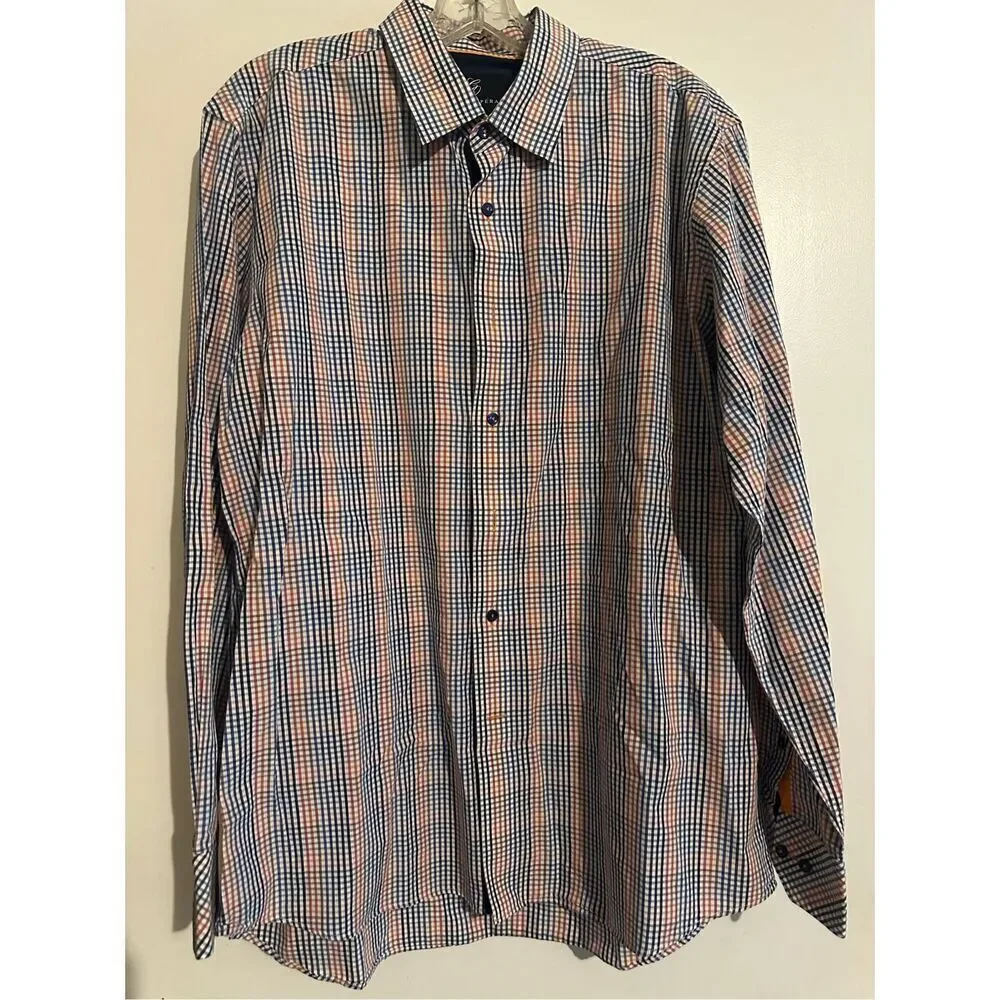 Cote Opera Paris Formal Shirt button down blue orange white gingham size 17 43 L
